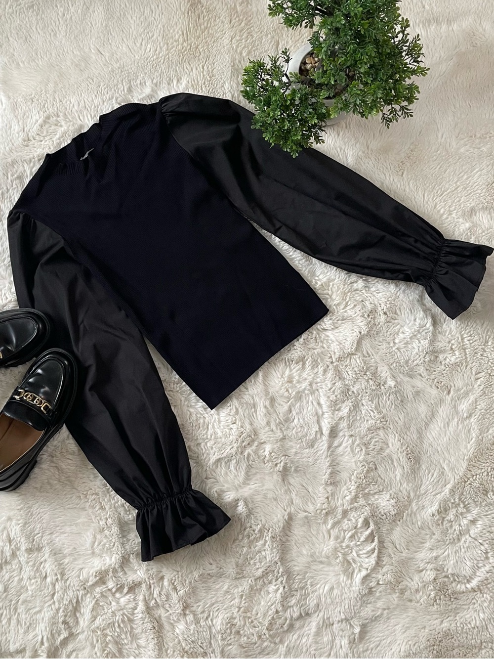 By Anthropologie Black Mixed Media Ribbed Puff Sleeve Top XS